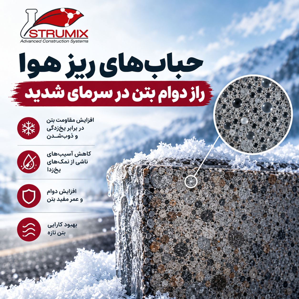 افزودنی هواساز بتن,حباب هواساز بتن,بتن هوازا,مقاومت بتن در برابر یخ‌زدگی,مقدار هوای بتن,حباب زای بتن,دوام بتن,افزودنی‌های بتن
